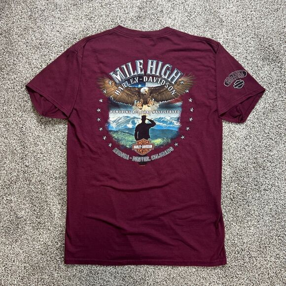 Harley Davidson T Shirt Womens Medium Maroon Denver Colorado Honoring Military - Picture 1 of 16